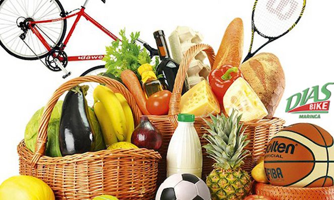Vegetais, frutas e artigos esportivos