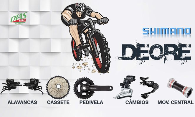 Imagem ilustrativa com desenho de ciclista com algumas peças como: alavancas, cassete, pedivela, câmbios e mov. central, come scritas Shimano em azul
