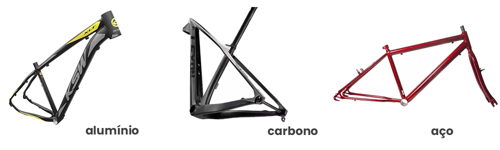 Imagem com quadros de bike com os materiais de alumínio, carbono e aço