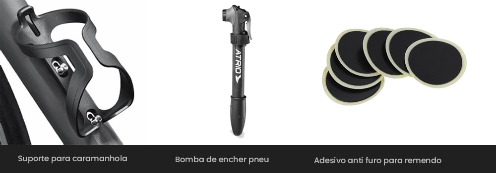Imagem de acessórios básicos para bike, como suporte de garrafa, bomba para encher pneu e remendos