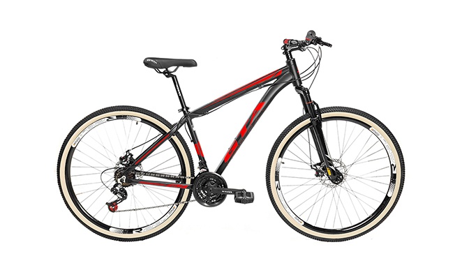 Bicicleta de cor predominante preta com detalhes em vermelho de modelo NX11 GTA Sport