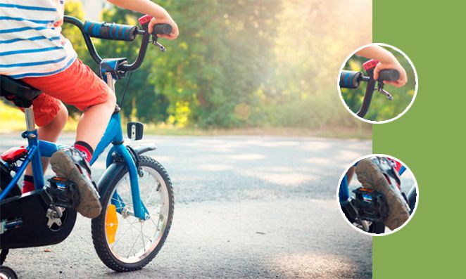 Criança pedalando no parque com destaque em freio e pedal