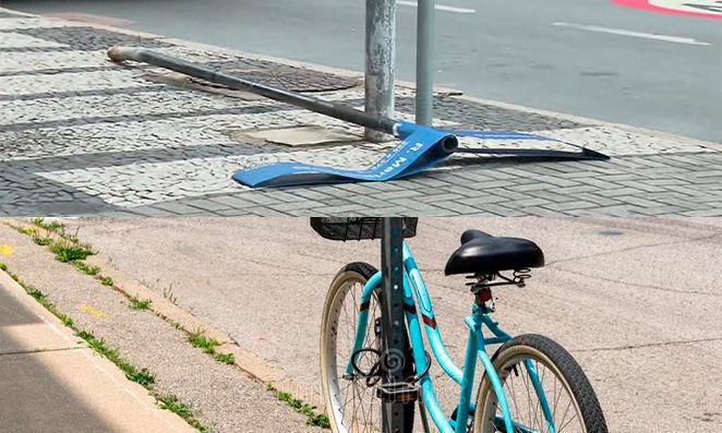 Bicicleta presa na placa de sinalização e placa de sinalização arrancada