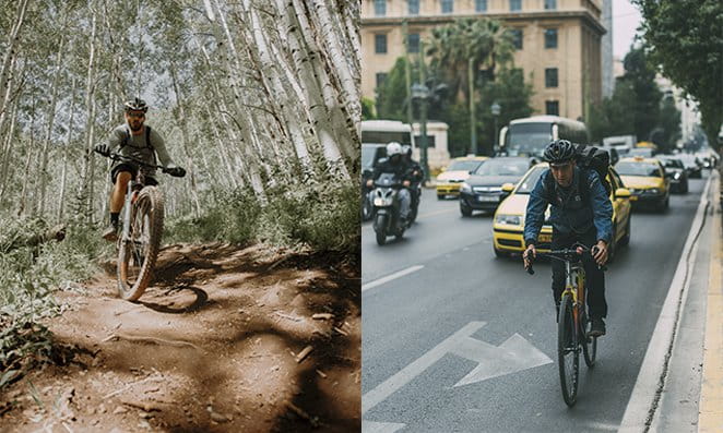 01 MTB e Urban Ciclista na estrada de chão e ciclista na cidade