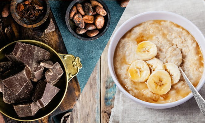 04 alimentos banana com aveia e chocolate com oleaginosas