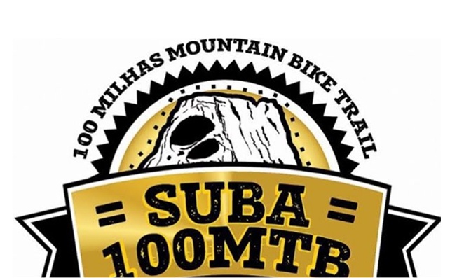 Logo com fundo branco, escrito Suba 100mtb, com escritas 100 milhas mountain bike trail