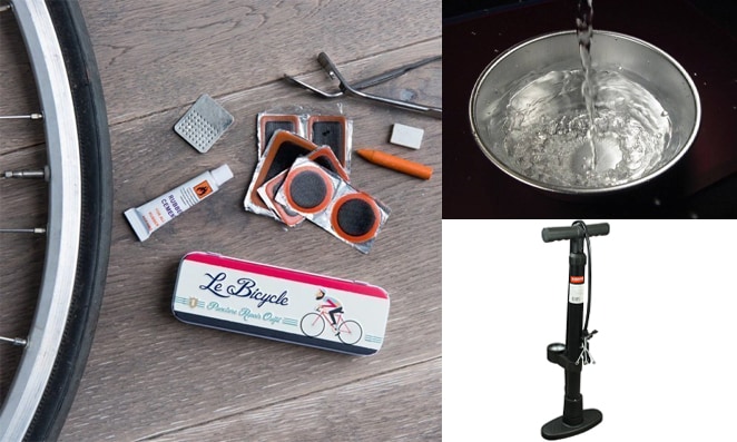 Kit de recuperação de pneu de bicicleta com adesivos, cola e bomba de ar