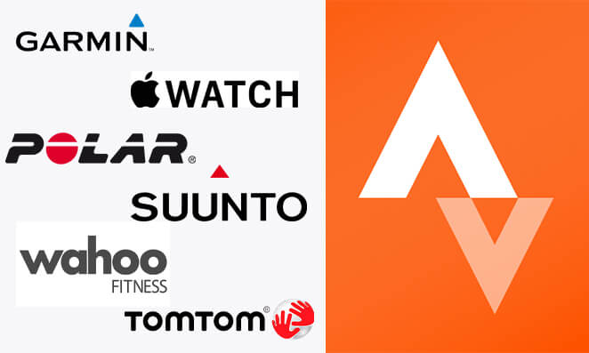Logo do aplicativo Strava e outras logomarcas como Garmin, Apple Watch, Polar, Suunto, Wahoo e Tomtom