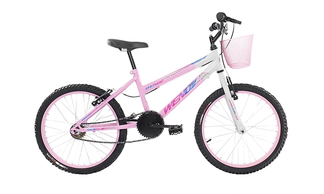 05 Aro 20 Bicicleta de aro 20 de cor predominante branca com detalhes em rosa e com cestinha frontal
