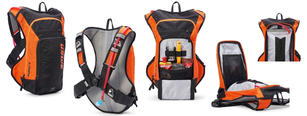 Imagem de um mochila de hidratação com diversos compartimentos