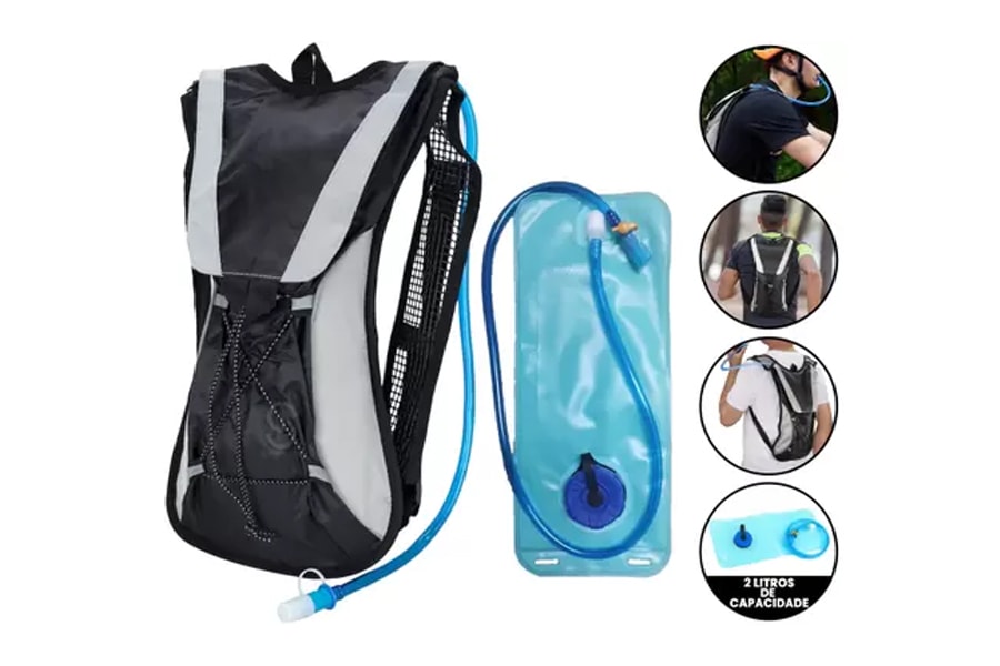 Imagem de um mochila de hidratação, o reservatório de água e várias imagens pequenas de como utilizar a mochila de hidratação