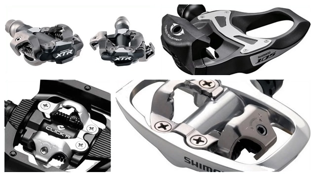 Imagens de diversos pedais apropriados para o uso de sapatilhas