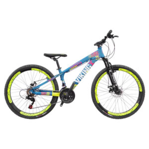 Bicicleta Aro 26 Viking TuffX25 Freeride Freio a Disco 21V na cor azul e detalhes na roda em amarelo